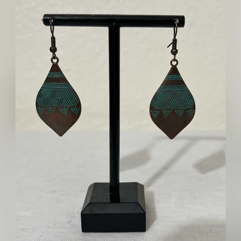NWOT Carved, Spoon Shaped Patina Copper Drop Earrings